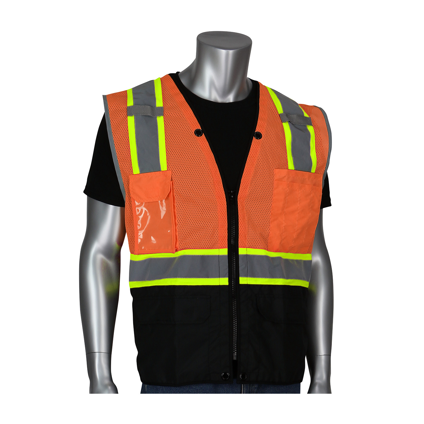 ANSI TYPE R CLASS 2 TWO-TONE ELEVEN POCKET TECH-READY MESH SURVEYORS VEST WITH RIPSTOP BLACK BOTTOM FRONT AND "D" RING ACCESS