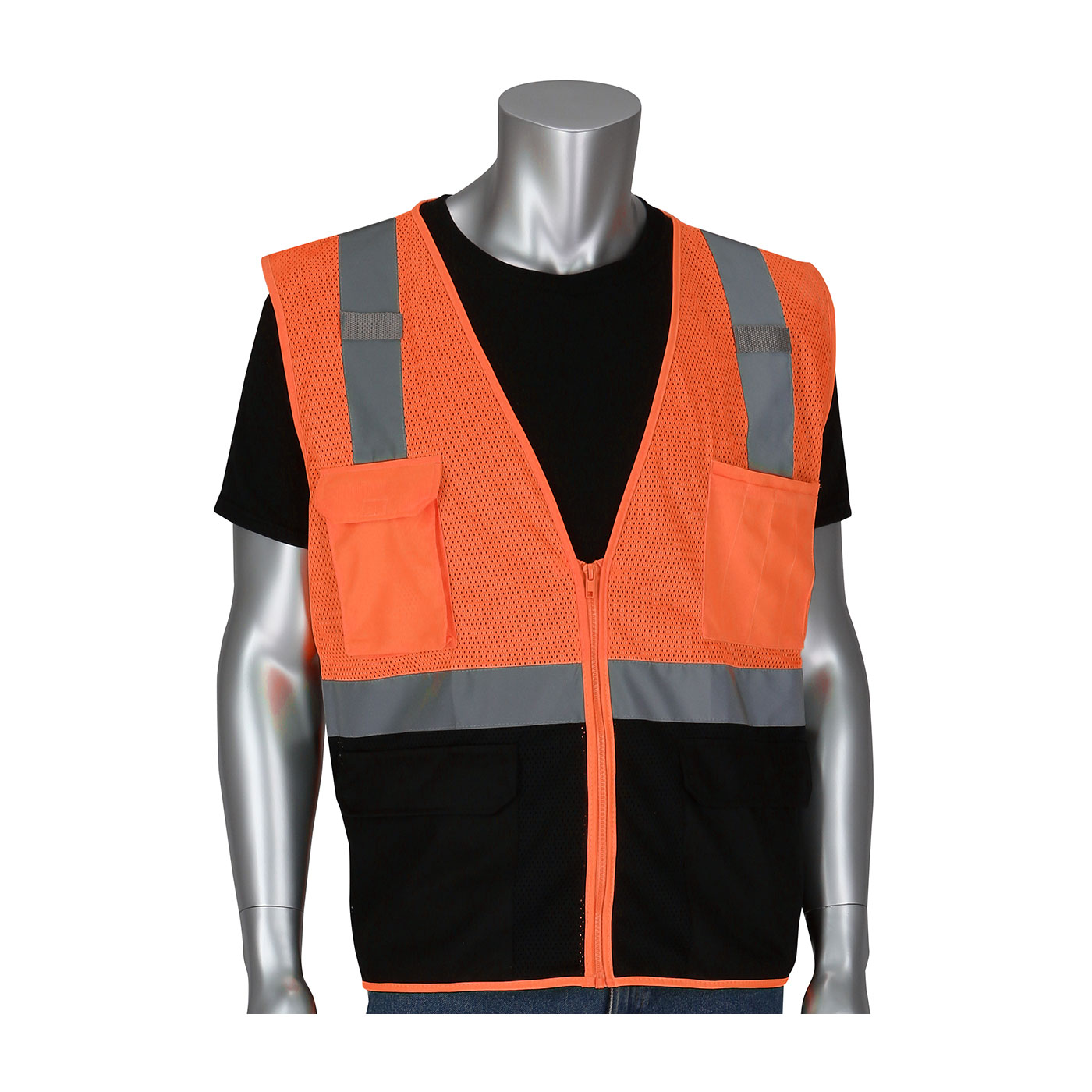 ANSI TYPE R CLASS 2 FIVE POCKET VALUE MESH VEST WITH BLACK BOTTOM FRONT