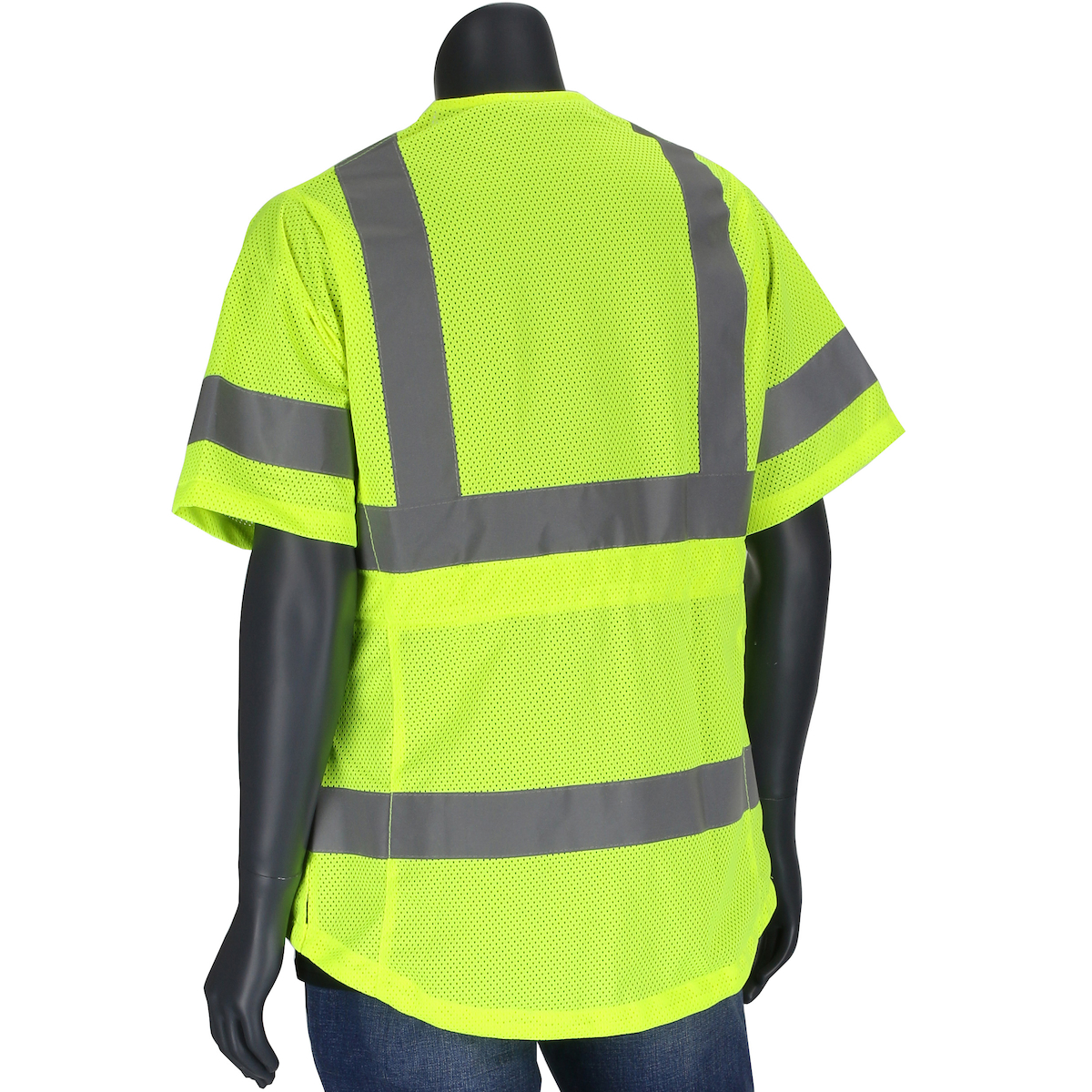 ANSI TYPE R CLASS 3 WOMAN`S CONTOURED VEST WITH SOLID FRONT, MESH BACK AND ADJUSTABLE WAIST