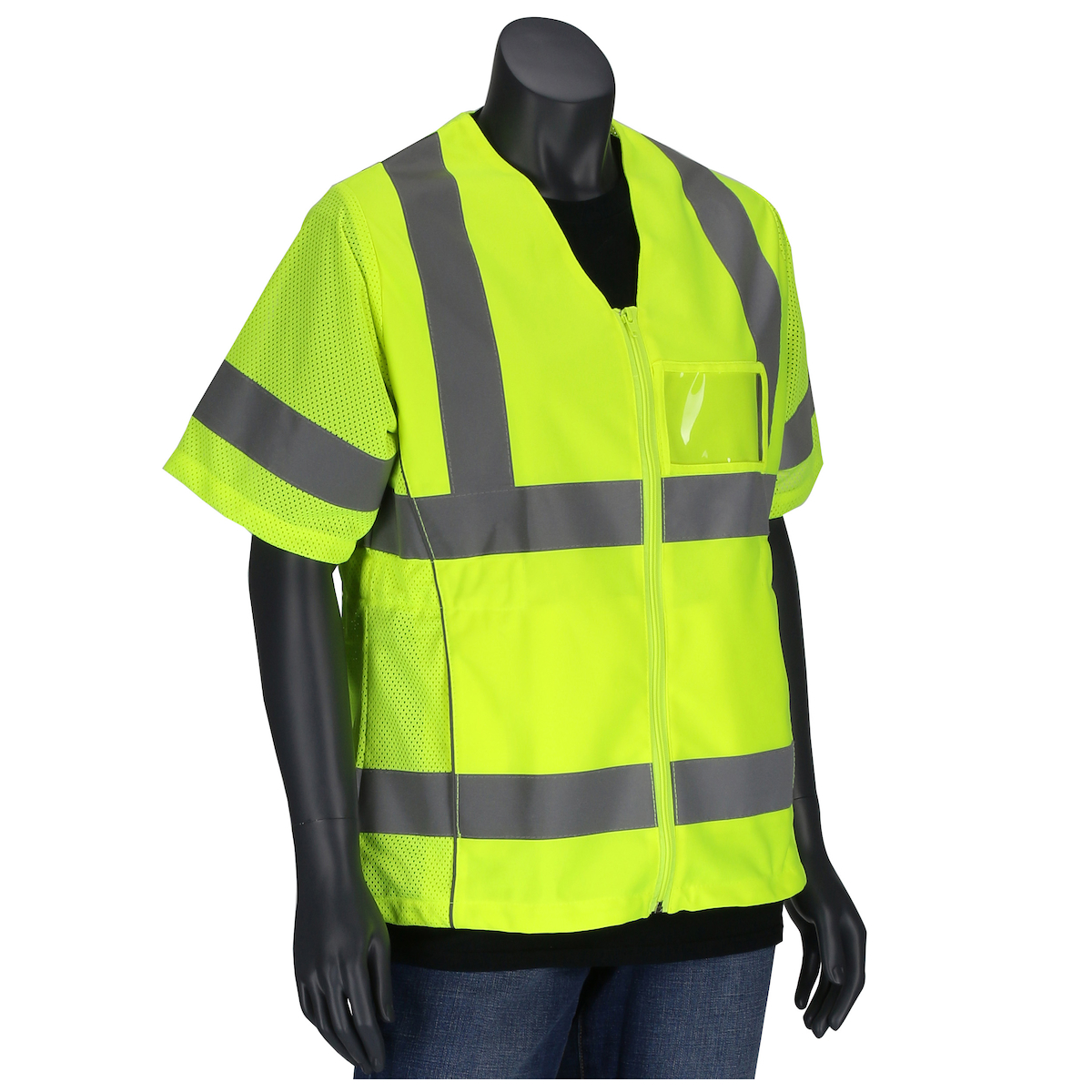 ANSI TYPE R CLASS 3 WOMAN`S CONTOURED VEST WITH SOLID FRONT, MESH BACK AND ADJUSTABLE WAIST