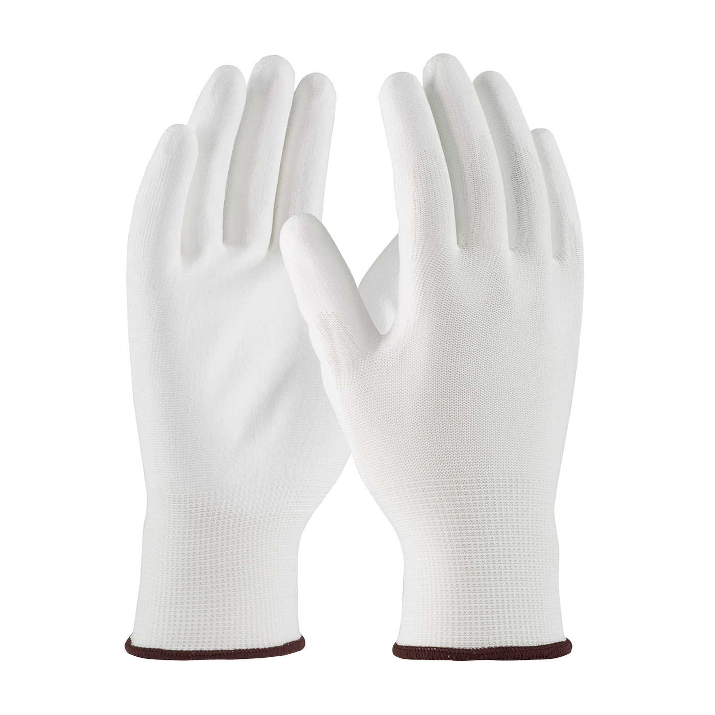 SEAMLESS KNIT POLYESTER GLOVE WITH POLYURETHANE COATED FLAT GRIP ON PALM & FINGERS