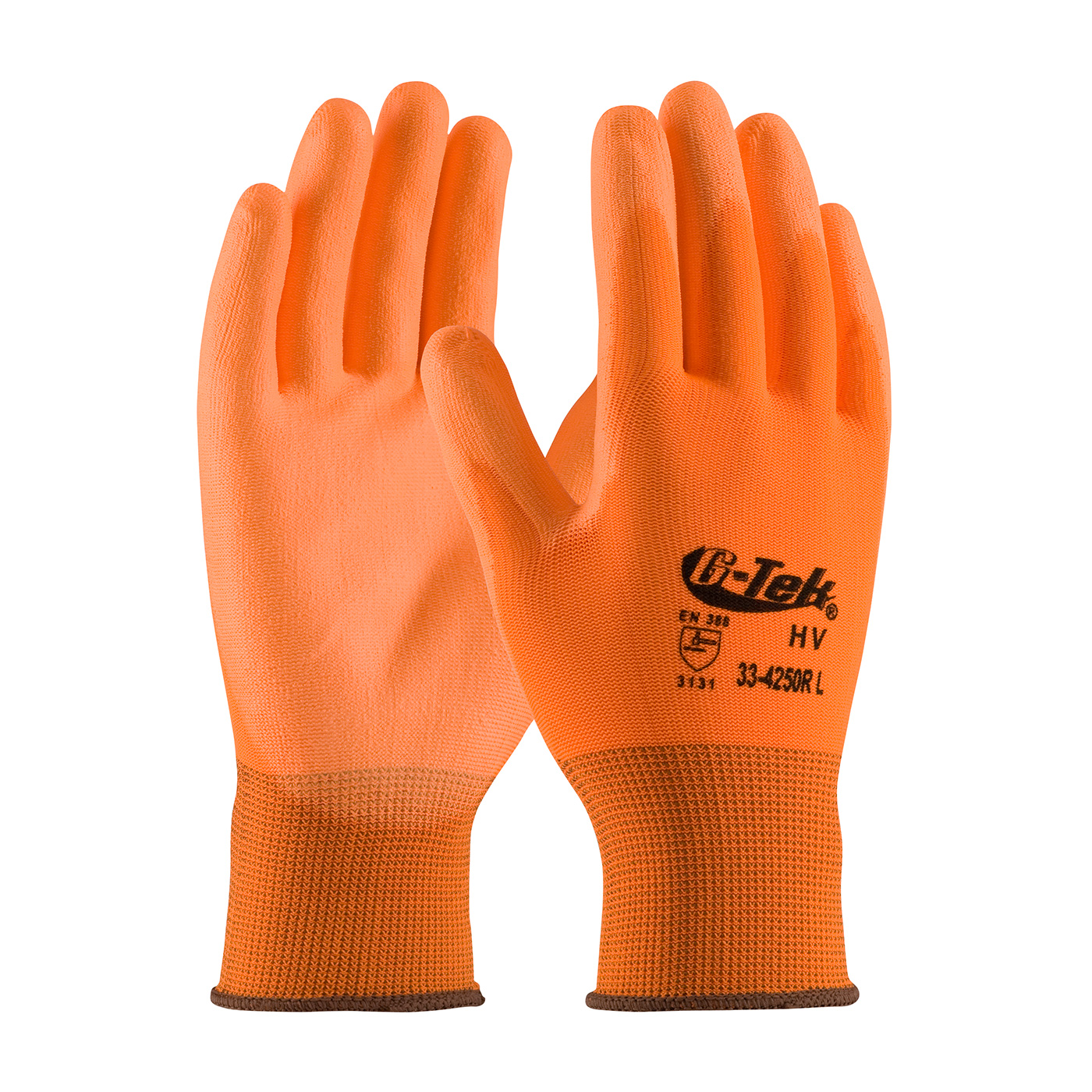 HI-VIS SEAMLESS KNIT POLYESTER GLOVE WITH POLYURETHANE COATED FLAT GRIP ON PALM & FINGERS