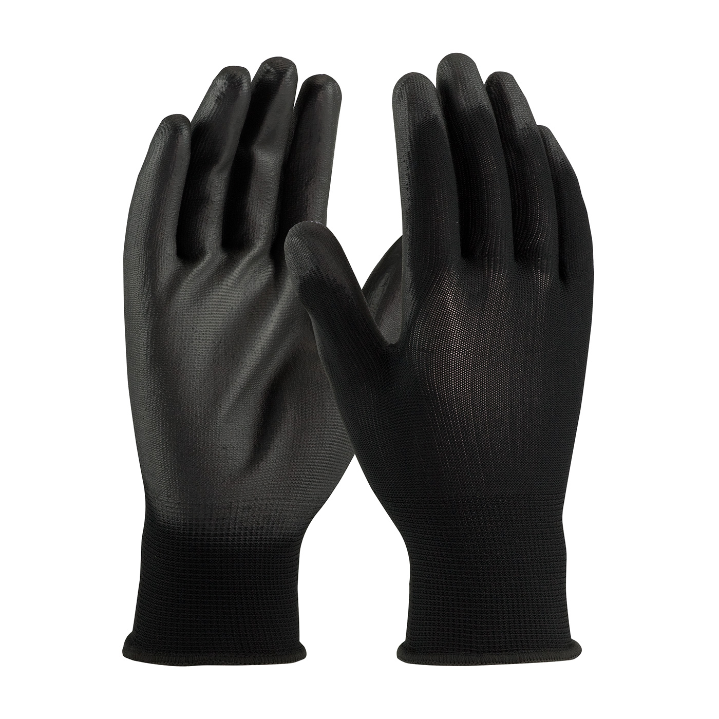 SEAMLESS KNIT POLYESTER GLOVE WITH POLYURETHANE COATED FLAT GRIP ON PALM & FINGERS