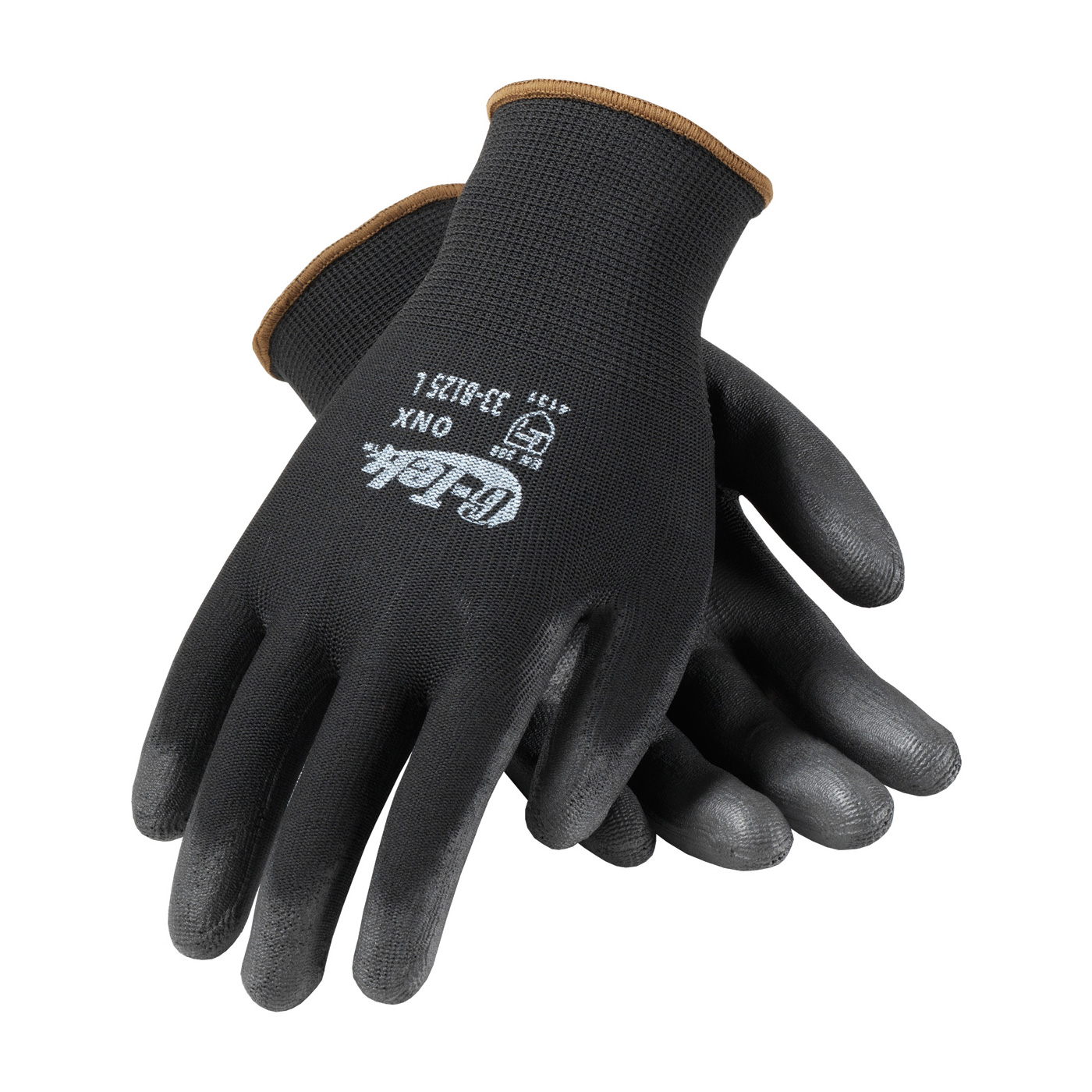 SEAMLESS KNIT NYLON GLOVE WITH POLYURETHANE COATED FLAT GRIP ON PALM & FINGERS