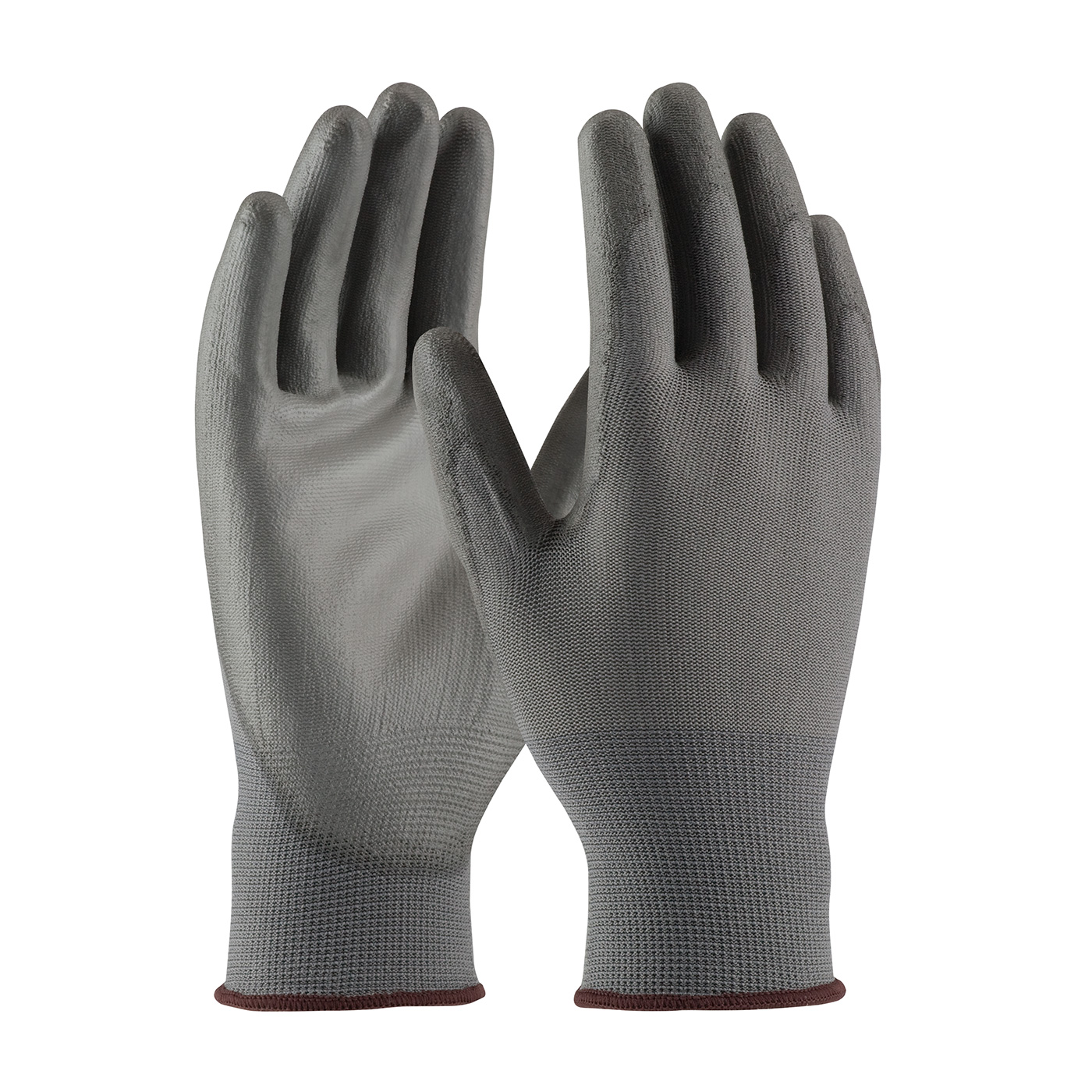 SEAMLESS KNIT POLYESTER GLOVE WITH POLYURETHANE COATED FLAT GRIP ON PALM & FINGERS