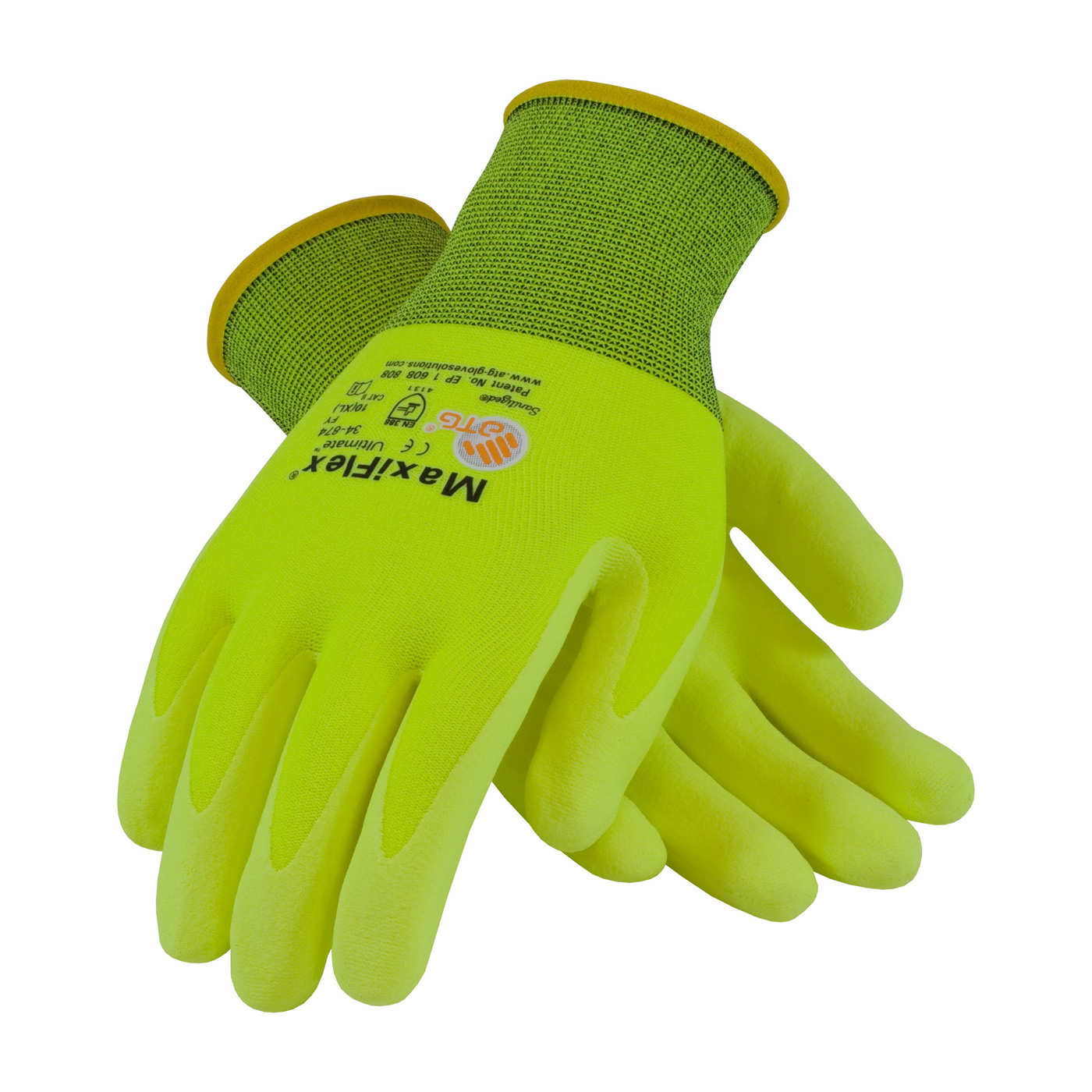 HI-VIS SEAMLESS KNIT NYLON / ELASTANE GLOVE WITH NITRILE COATED MICROFOAM GRIP ON PALM & FINGERS