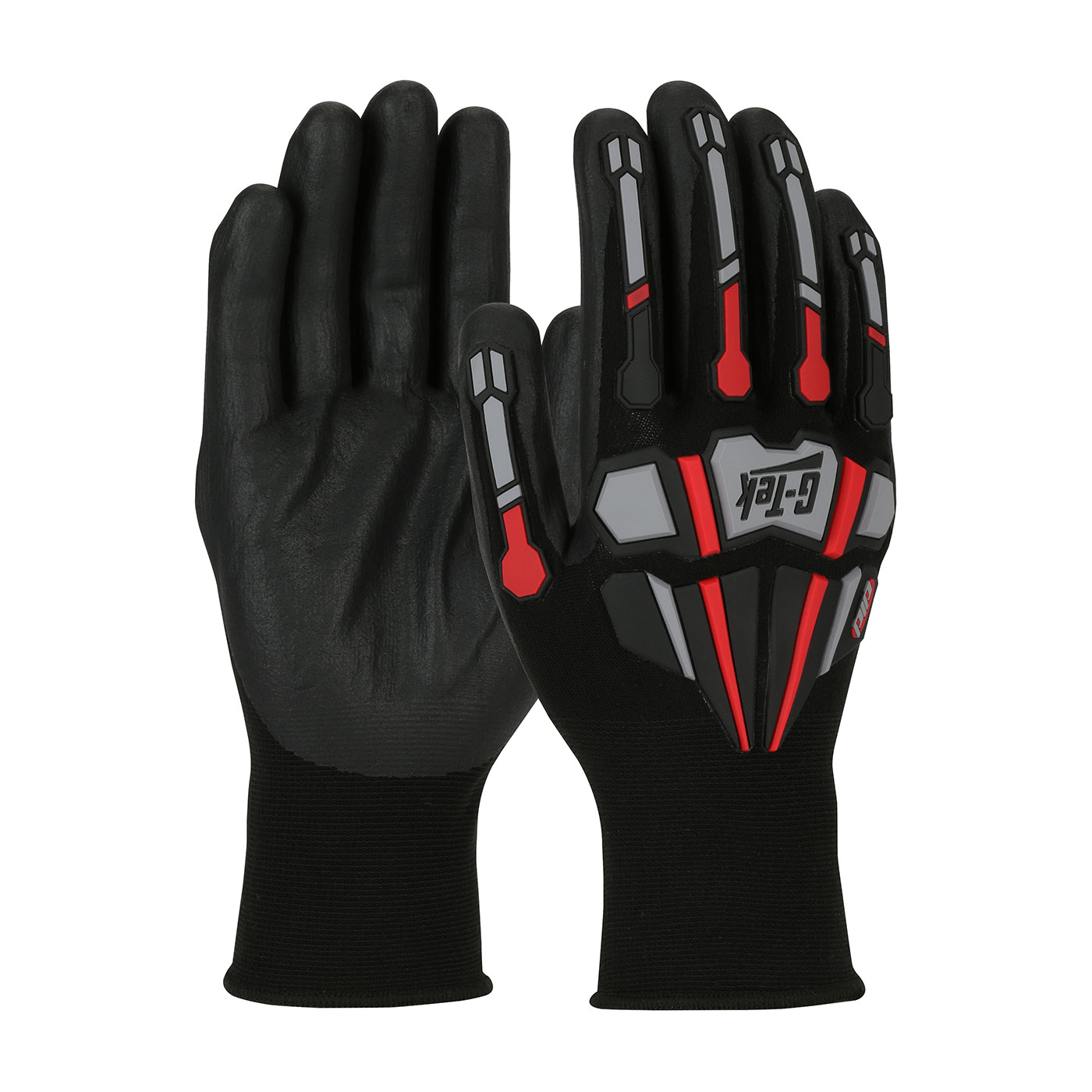 SEAMLESS KNIT NYLON GLOVE WITH IMPACT PROTECTION AND NITRILE COATED FOAM GRIP ON PALM & FINGERS