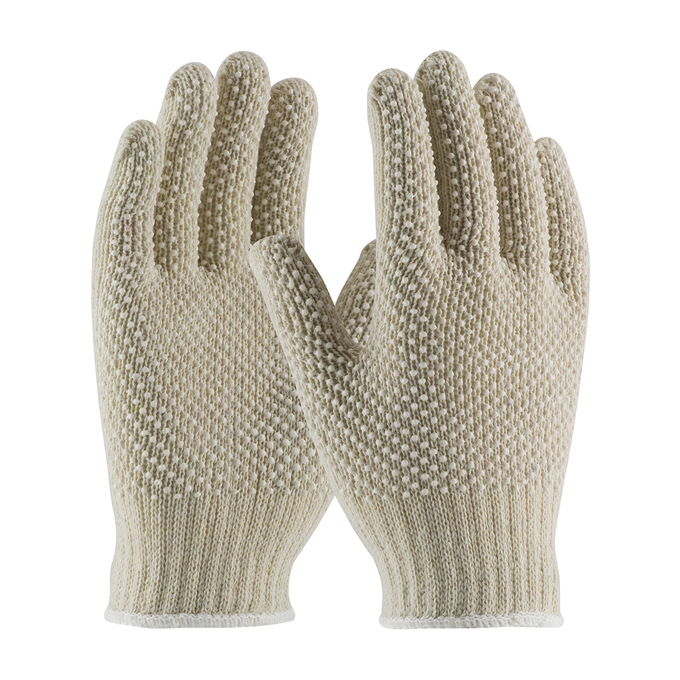 REGULAR WEIGHT SEAMLESS KNIT COTTON/POLYESTER GLOVE WITH WHITE PVC DOTTED GRIP - DOUBLE-SIDED