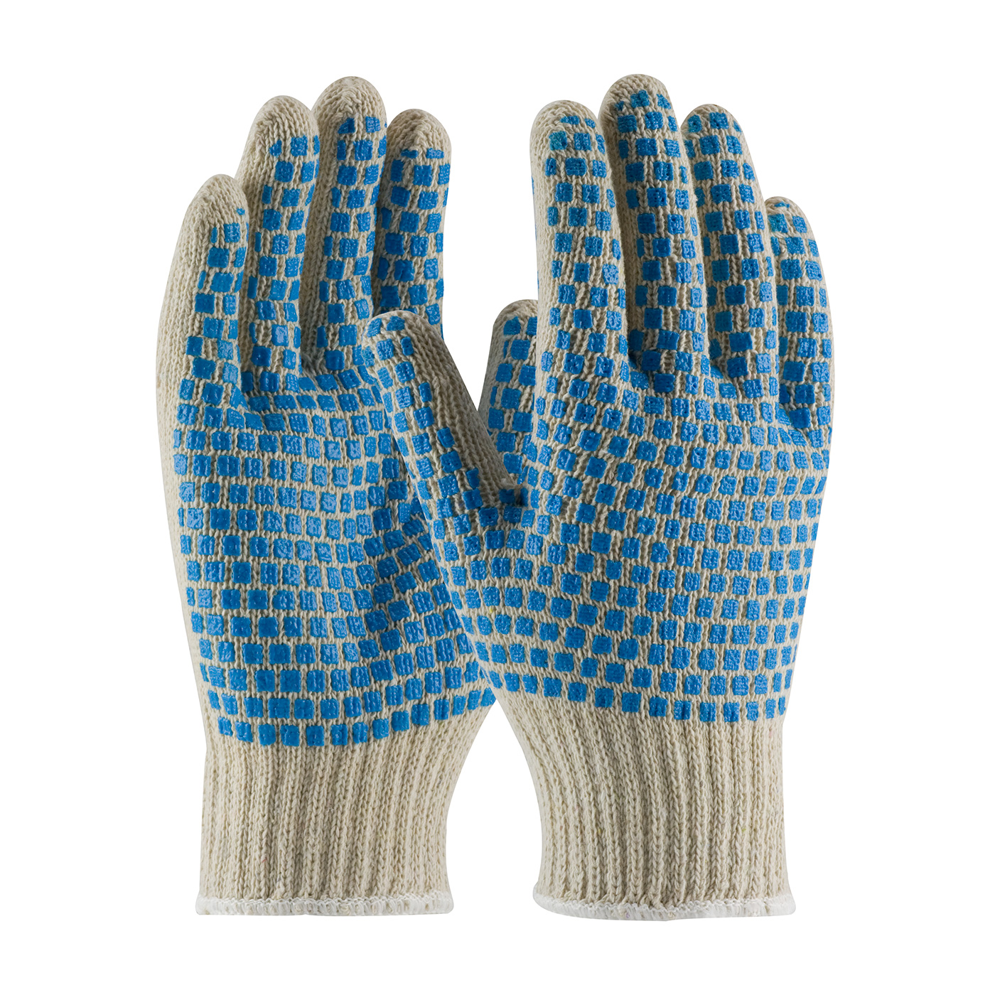 REGULAR WEIGHT SEAMLESS KNIT COTTON/POLYESTER GLOVE WITH PVC BRICK PATTERN GRIP - DOUBLE-SIDED