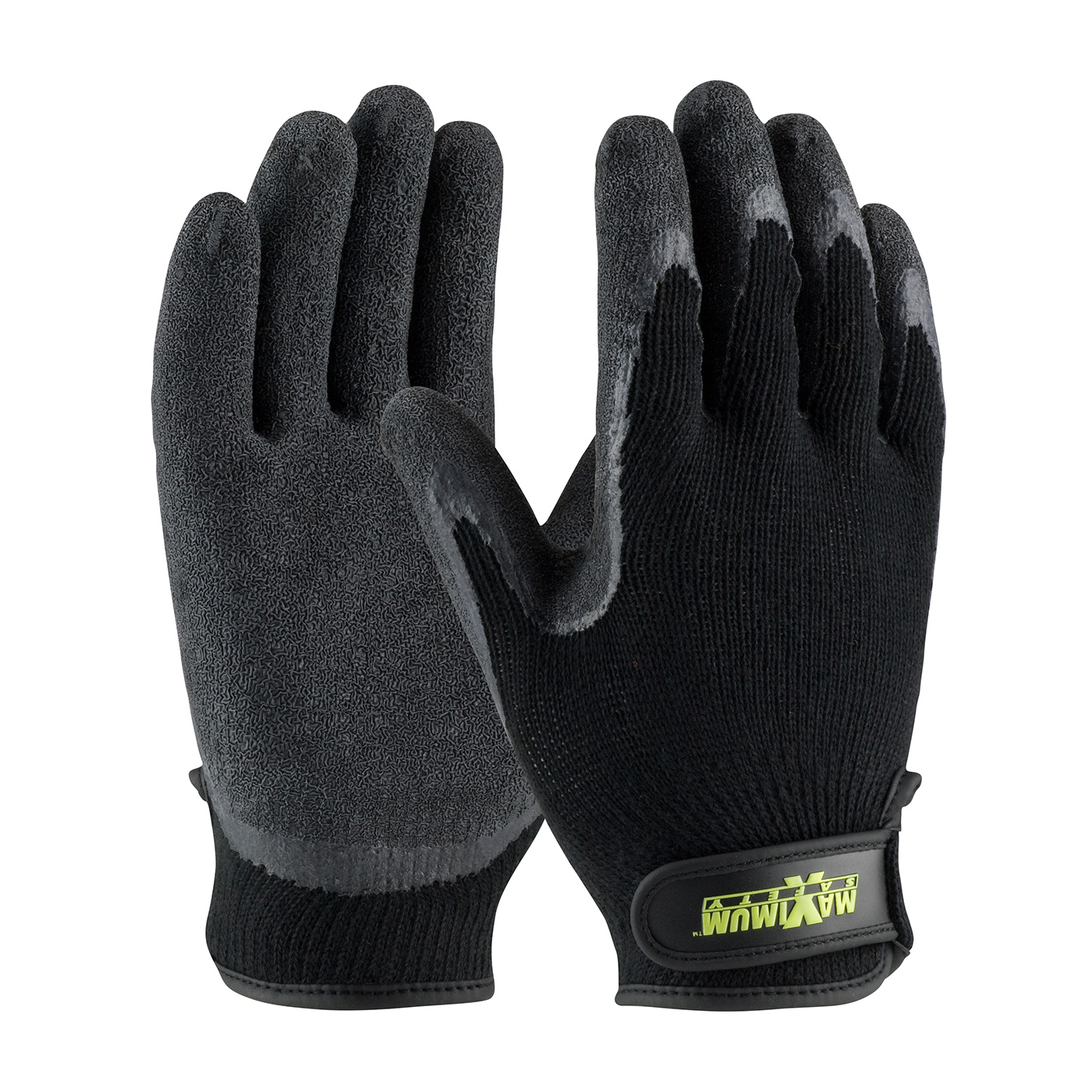 SEAMLESS KNIT COTTON / POLYESTER GLOVE WITH LATEX COATED CRINKLE GRIP ON PALM & FINGERS - HOOK & LOOP CLOSURE