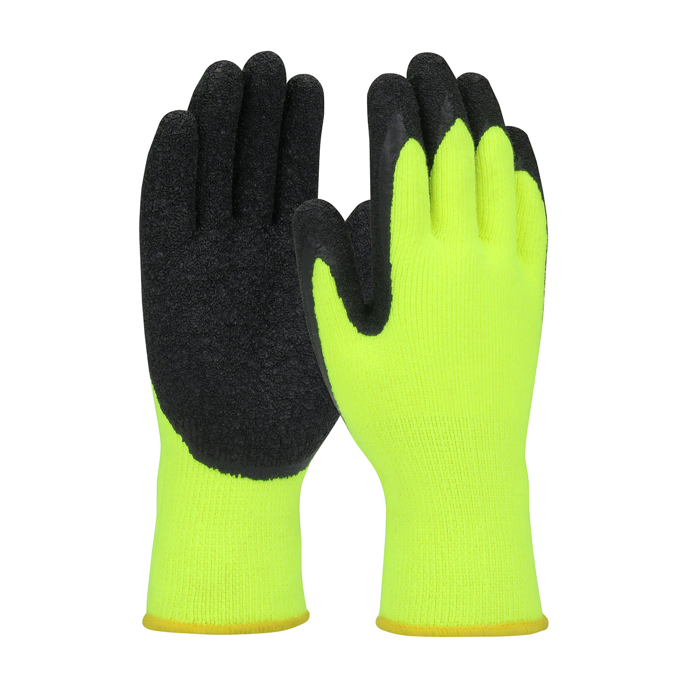 ECONOMY HI-VIS SEAMLESS KNIT ACRYLIC GLOVE WITH LATEX COATED CRINKLE GRIP ON PALM & FINGERS