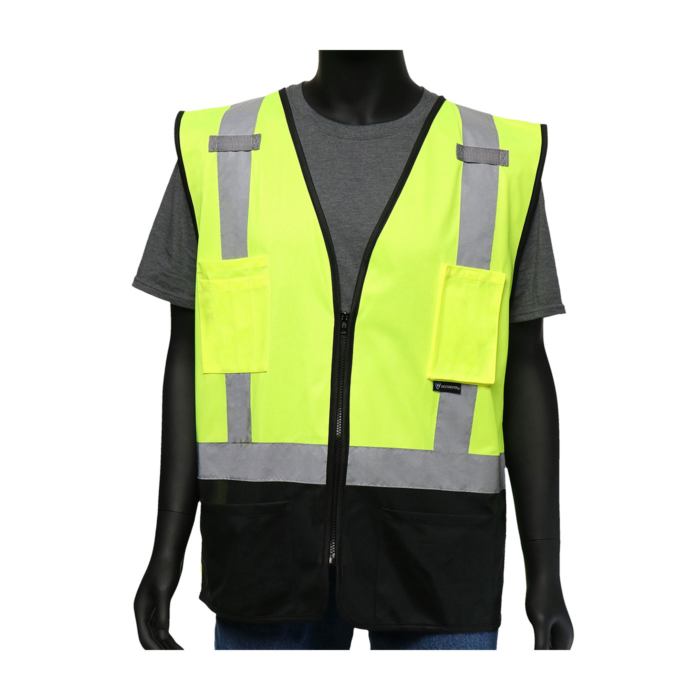 ANSI TYPE R CLASS 2 FIVE POCKET SOLID VEST WITH BLACK BOTTOM FRONT