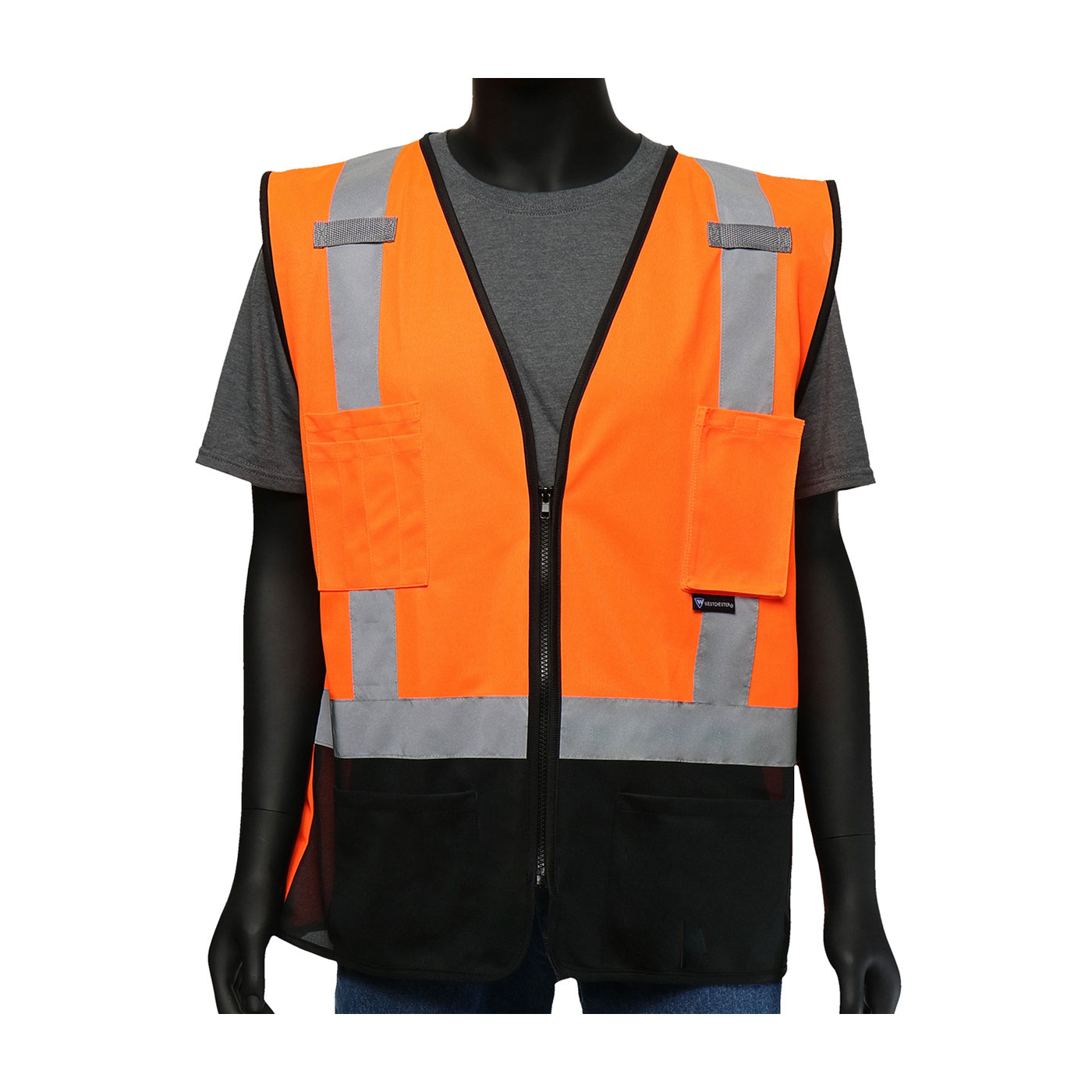 ANSI TYPE R CLASS 2 FIVE POCKET SOLID VEST WITH BLACK BOTTOM FRONT