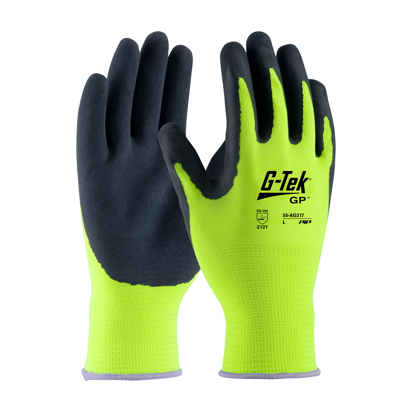 HI-VIS SEAMLESS KNIT POLYESTER GLOVE WITH LATEX COATED MICROSURFACE GRIP ON PALM & FINGERS