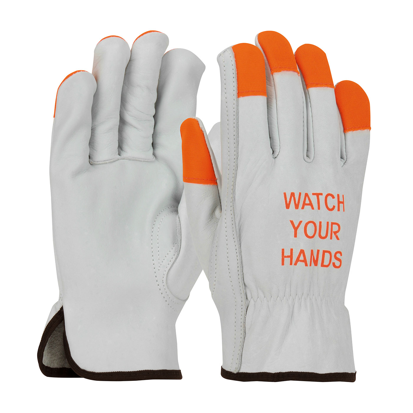 ECONOMY GRADE TOP GRAIN COWHIDE LEATHER DRIVERS GLOVE WITH HI-VIS FINGERTIPS AND "WATCH YOUR HANDS" LOGO - KEYSTONE THUMB