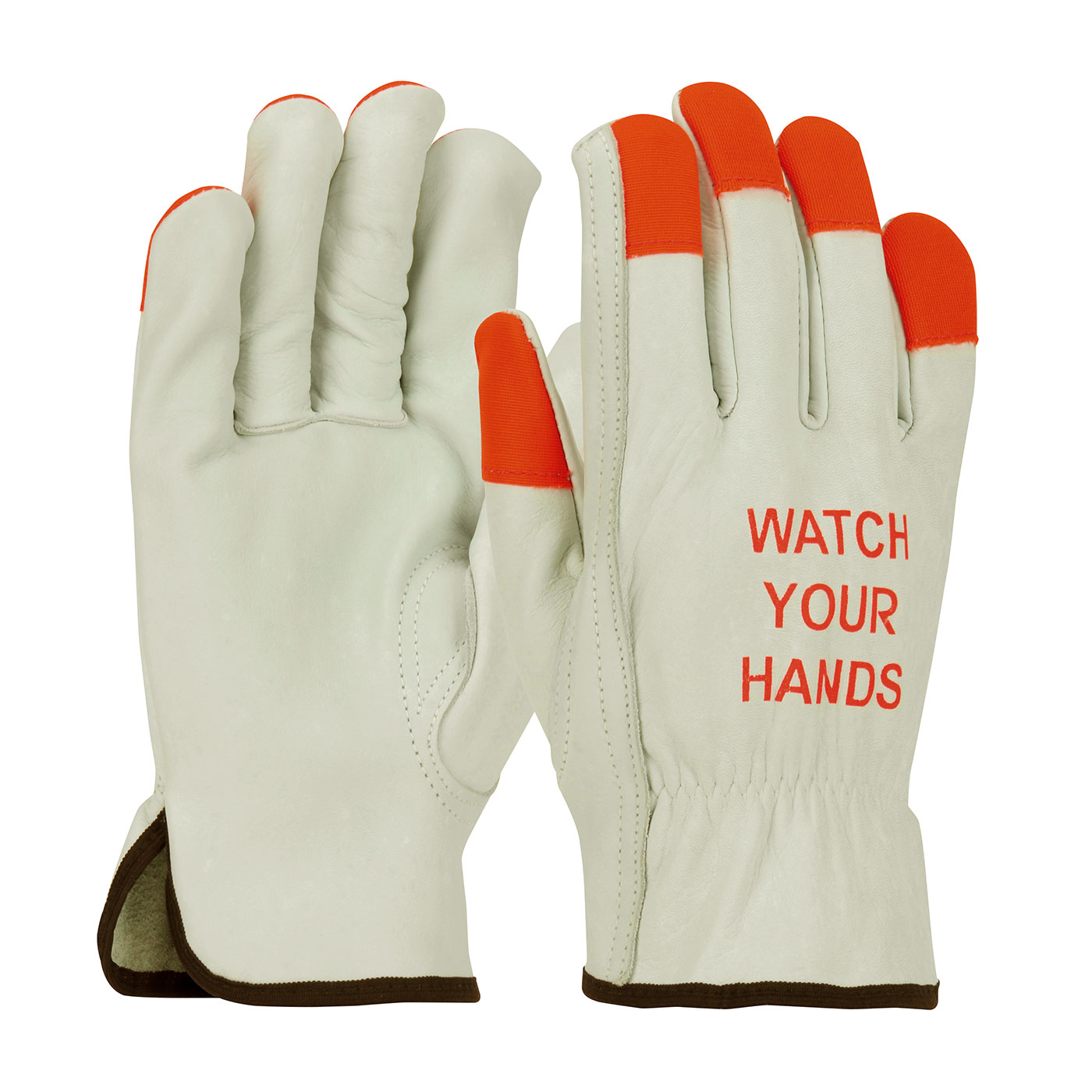 SUPERIOR GRADE TOP GRAIN COWHIDE LEATHER DRIVERS GLOVE WITH HI-VIS FINGERTIPS AND "WATCH YOUR HANDS" LOGO - KEYSTONE THUMB