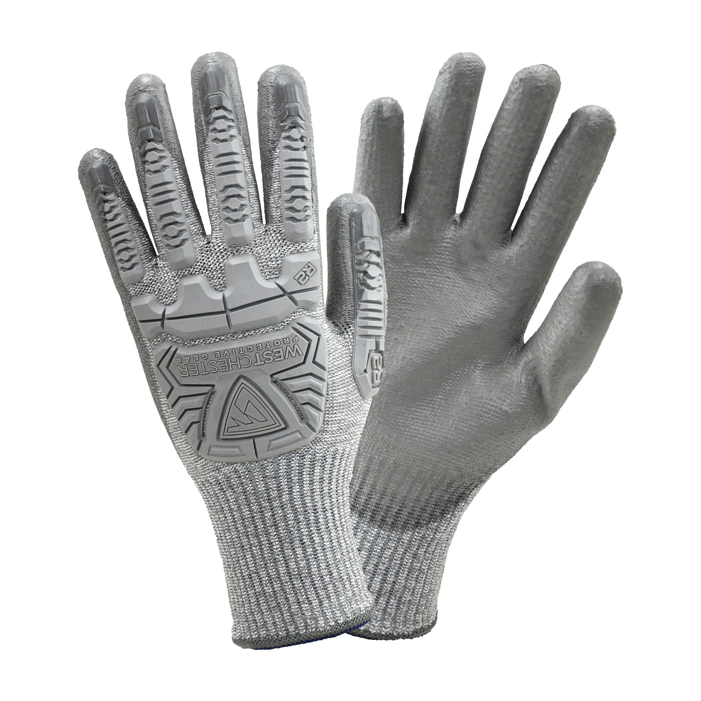 SEAMLESS KNIT HPPE BLENDED GLOVE WITH IMPACT PROTECTION AND POLYURETHANE COATED FLAT GRIP ON PALM & FINGERS