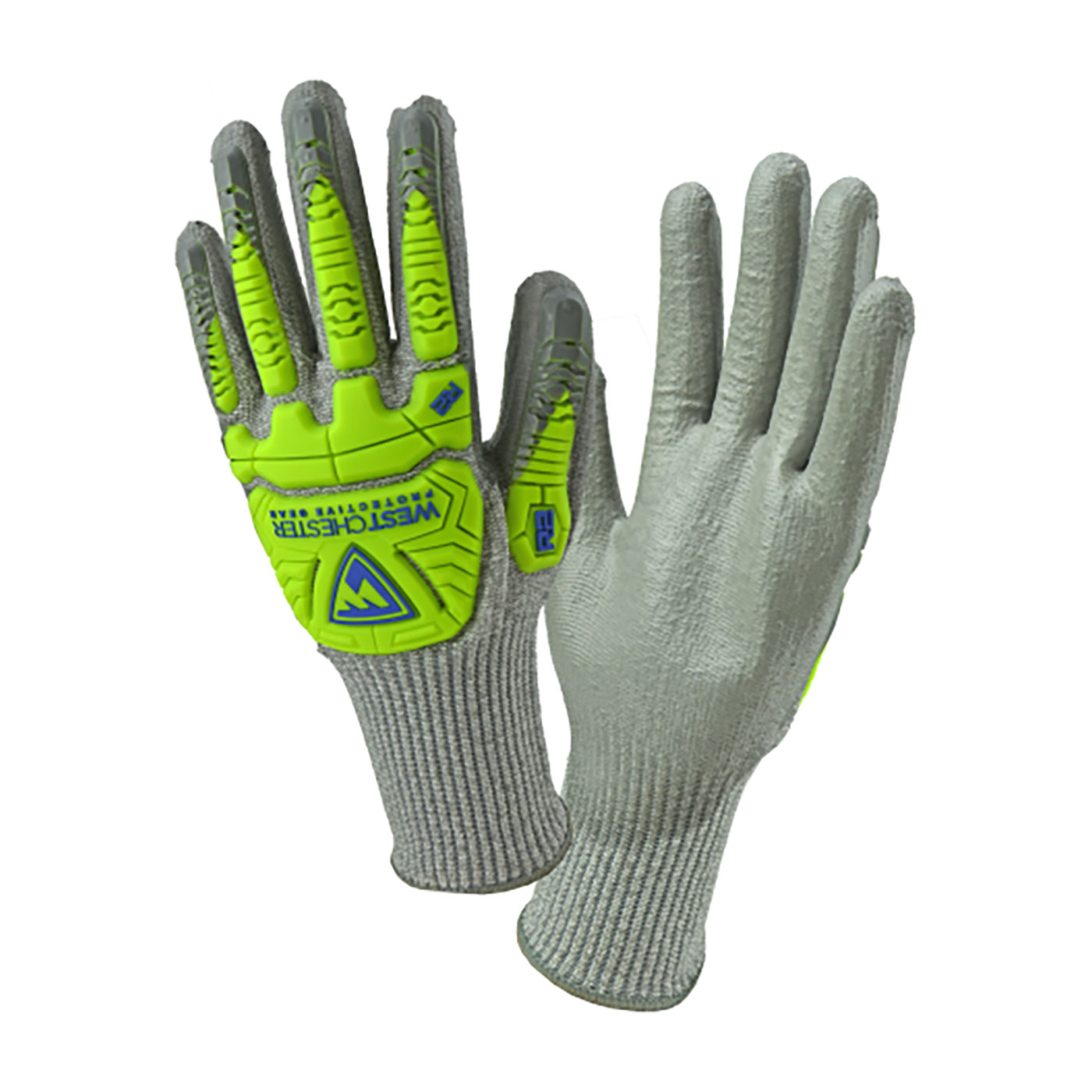SEAMLESS KNIT HPPE BLENDED GLOVE WITH HI-VIS IMPACT PROTECTION AND POLYURETHANE COATED FLAT GRIP ON PALM & FINGERS