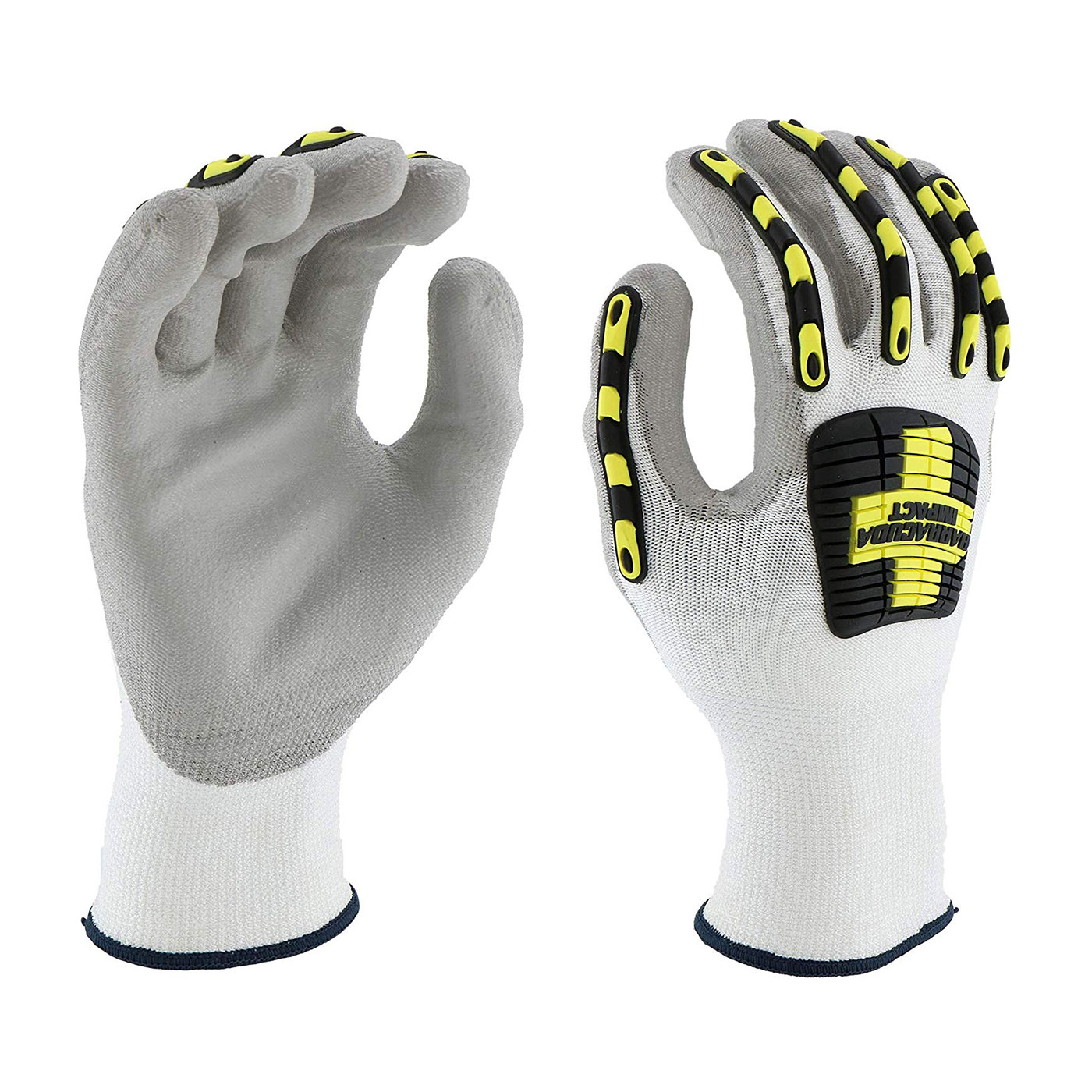 SEAMLESS KNIT HPPE BLENDED GLOVE WITH IMPACT PROTECTION AND POLYURETHANE COATED FLAT GRIP ON PALM & FINGERS