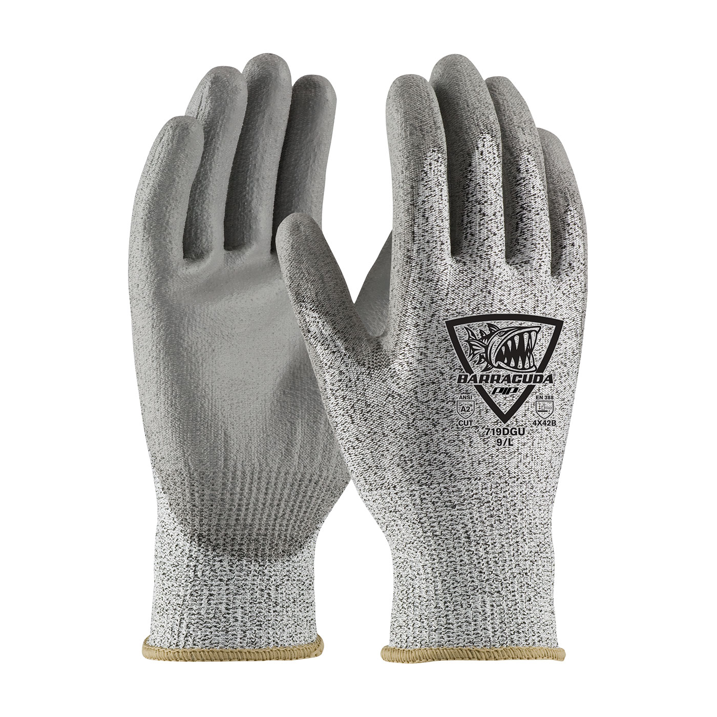 SEAMLESS KNIT HPPE BLENDED GLOVE WITH POLYURETHANE COATED FLAT GRIP ON PALM & FINGERS
