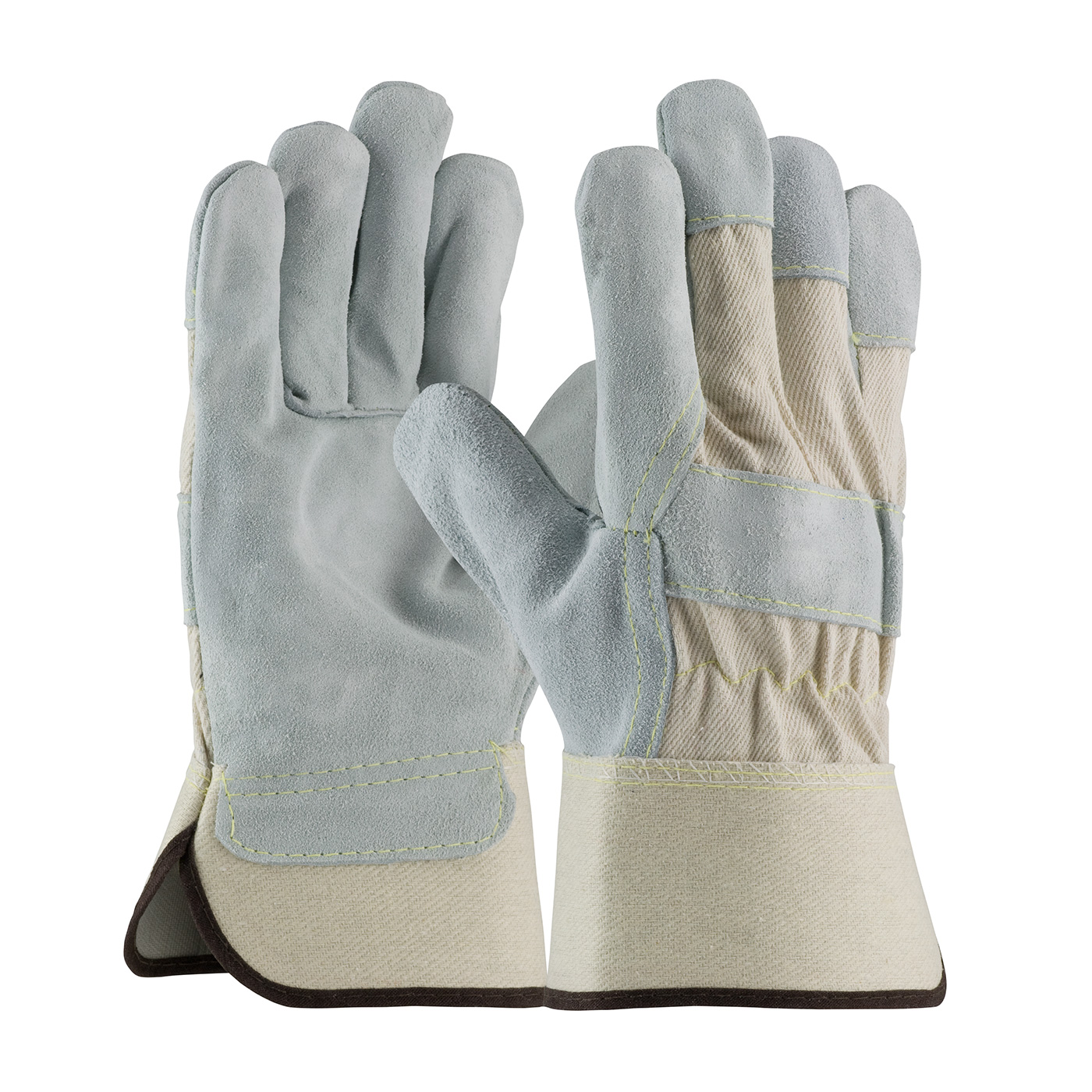 PREMIUM GRADE SPLIT COWHIDE LEATHER PALM GLOVE WITH WHITE CANVAS BACK AND ARAMID STITCHING - RUBBERIZED SAFETY CUFF