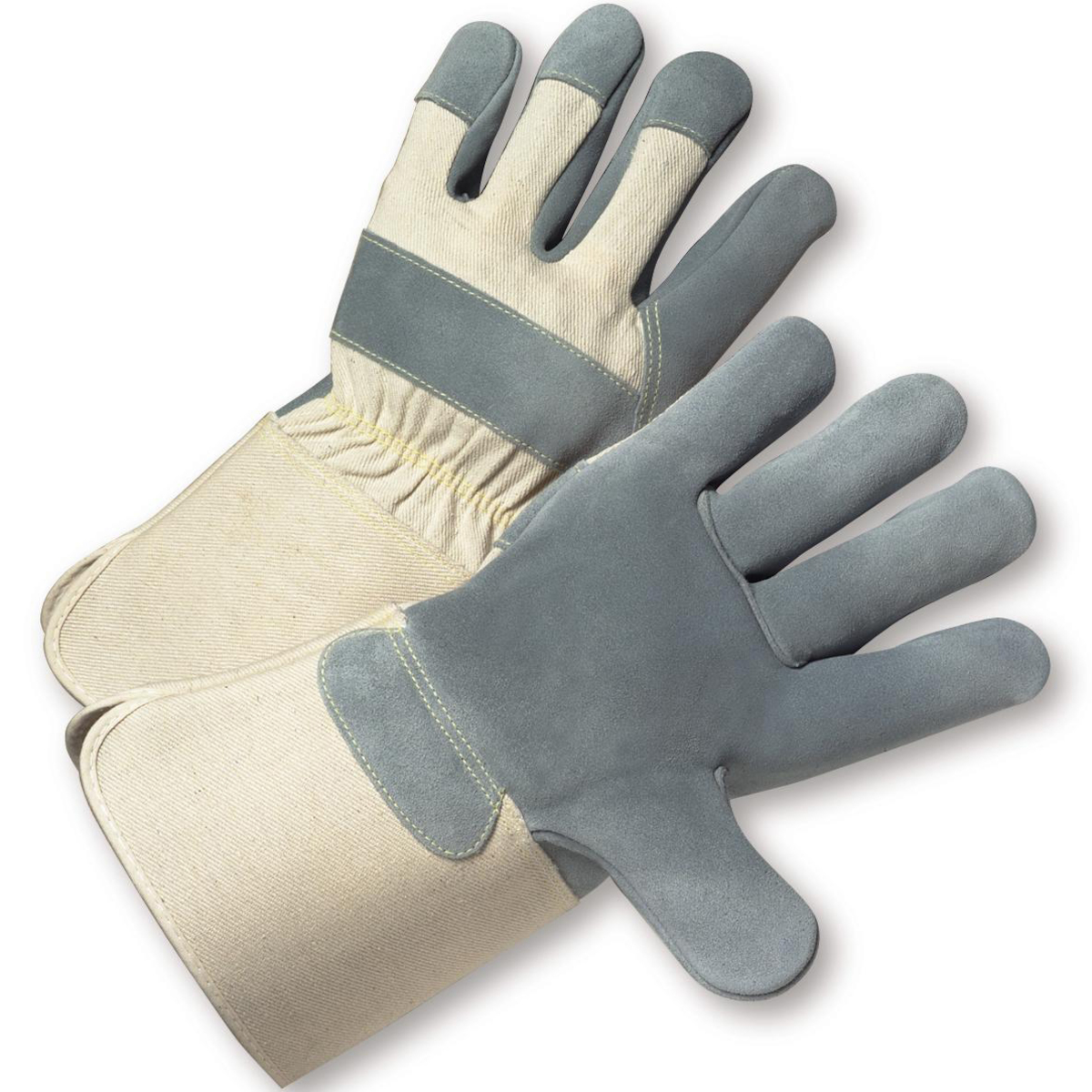 PREMIUM GRADE SPLIT COWHIDE LEATHER PALM GLOVE WITH FABRIC BACK - RUBBERIZED GAUNTLET CUFF