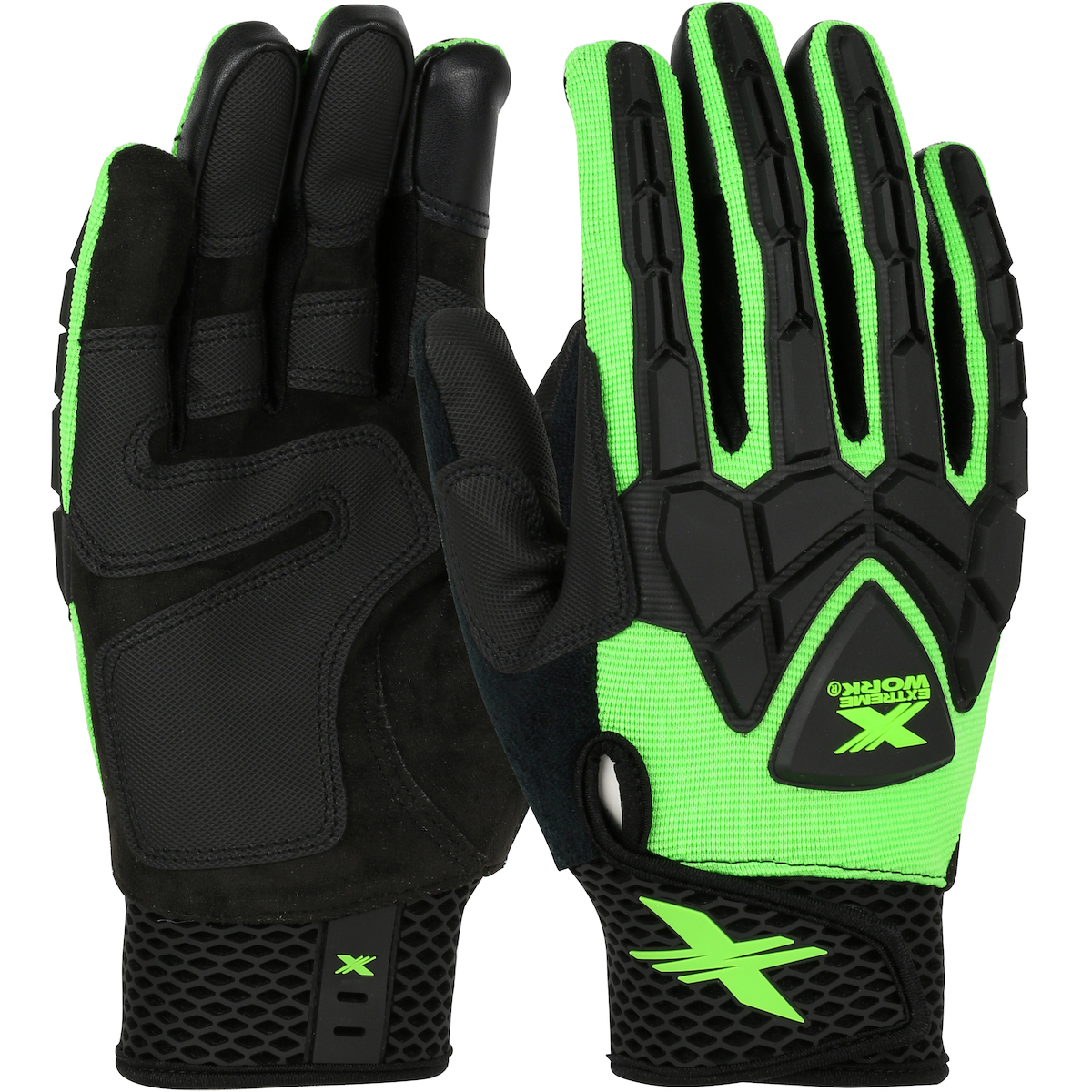 TOUGHX SUEDE PALM WITH HI-VIS GREEN FABRIC BACK AND TPR IMPACT PROTECTION - XLOCK CUFF
