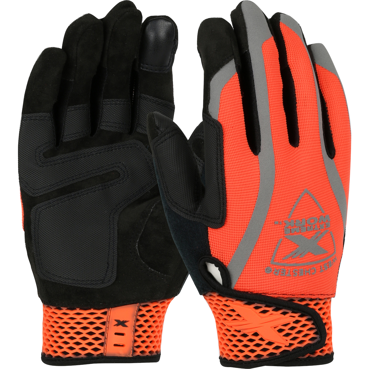 TOUGHX SUEDE PALM WITH HI-VIS ORANGE FABRIC BACK AND TOUCHSCREEN INDEX FINGER - HOOK & LOOP CLOSURE