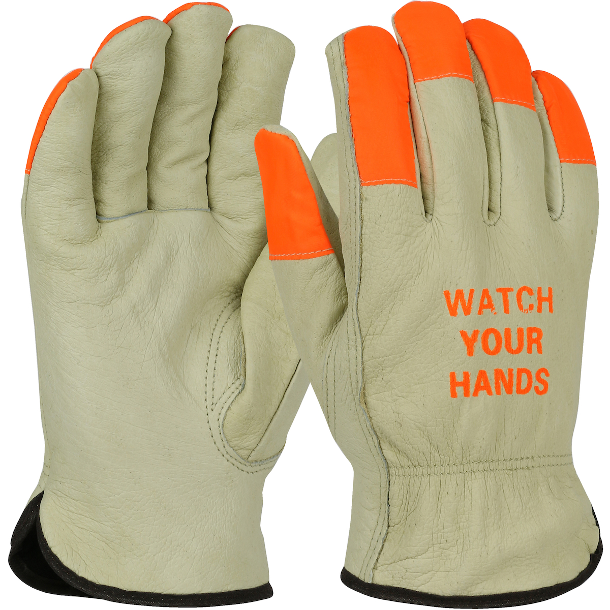 TOP GRAIN PIGSKIN LEATHER GLOVE WITH THERMAL LINING AND HI-VIS FINGERTIPS & "WATCH YOUR HANDS" LOGO - KEYSTONE THUMB