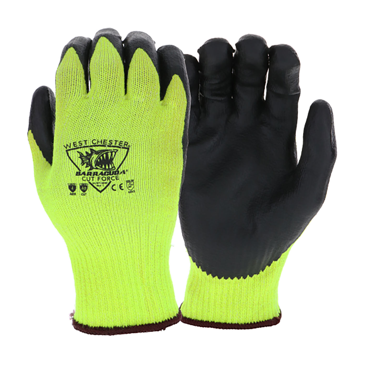 HI-VIS SEAMLESS KNIT HPPE BLENDED GLOVE WITH NITRILE COATED FOAM GRIP ON PALM & FINGERS