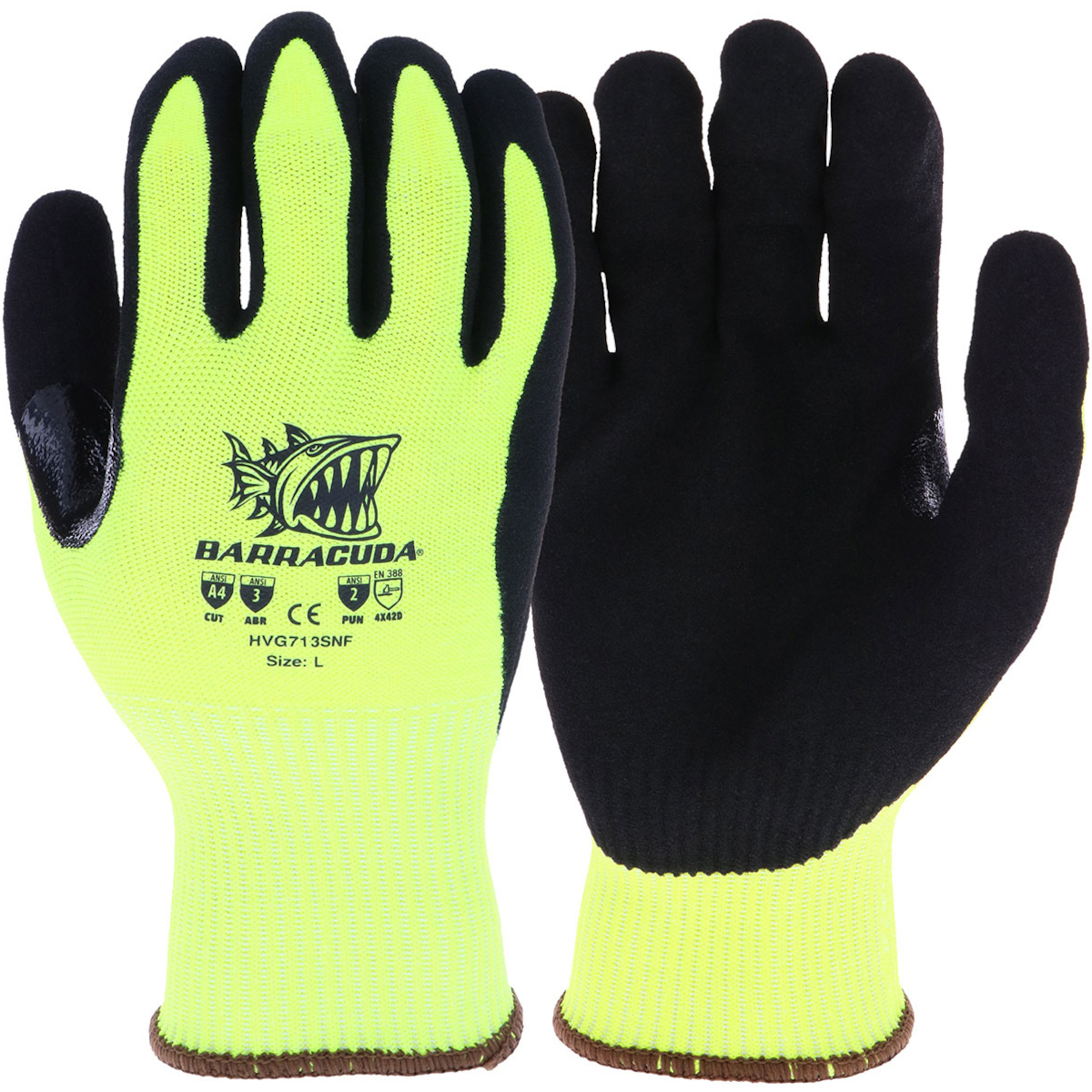 HI-VIS SEAMLESS KNIT POLYKOR® BLENDED GLOVE WITH NITRILE COATED COATED SANDY GRIP ON PALM & FINGERS - TOUCHSCREEN COMPATIBLE