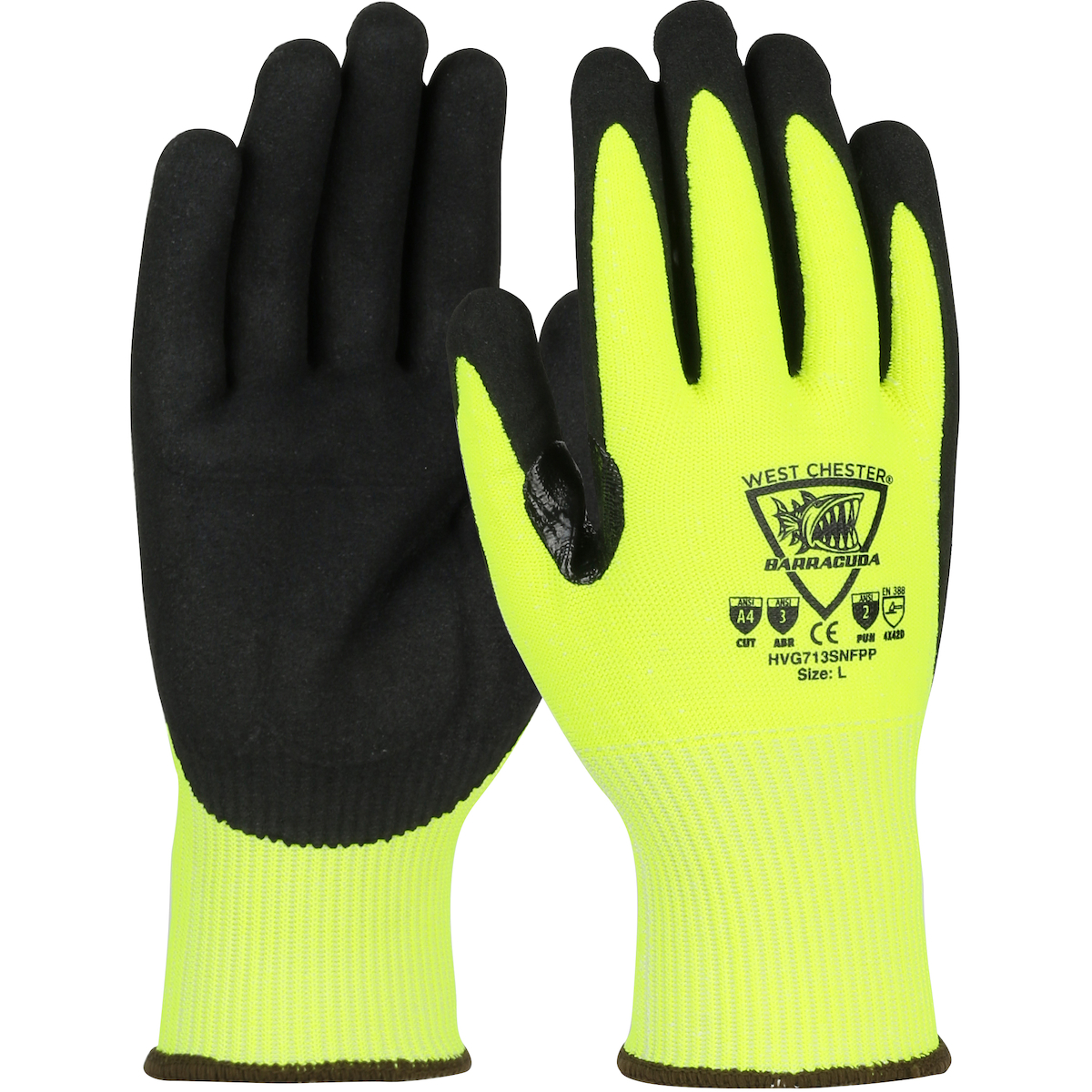 HI-VIS SEAMLESS KNIT HPPE BLENDED GLOVE WITH PADDED PALM AND NITRILE COATED SANDY GRIP ON PALM & FINGERS  - TOUCHSCREEN COMPATIBLE