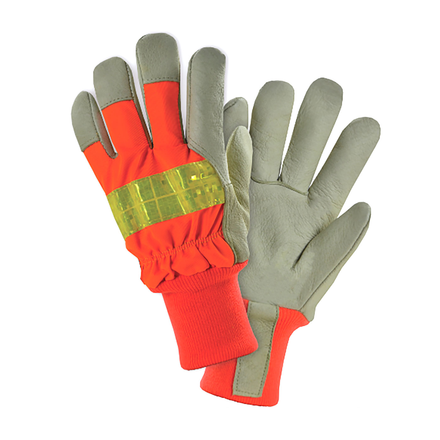 PIGSKIN LEATHER PALM GLOVE WITH HI-VIS NYLON BACK AND WHITE THERMAL LINING - KNIT WRIST