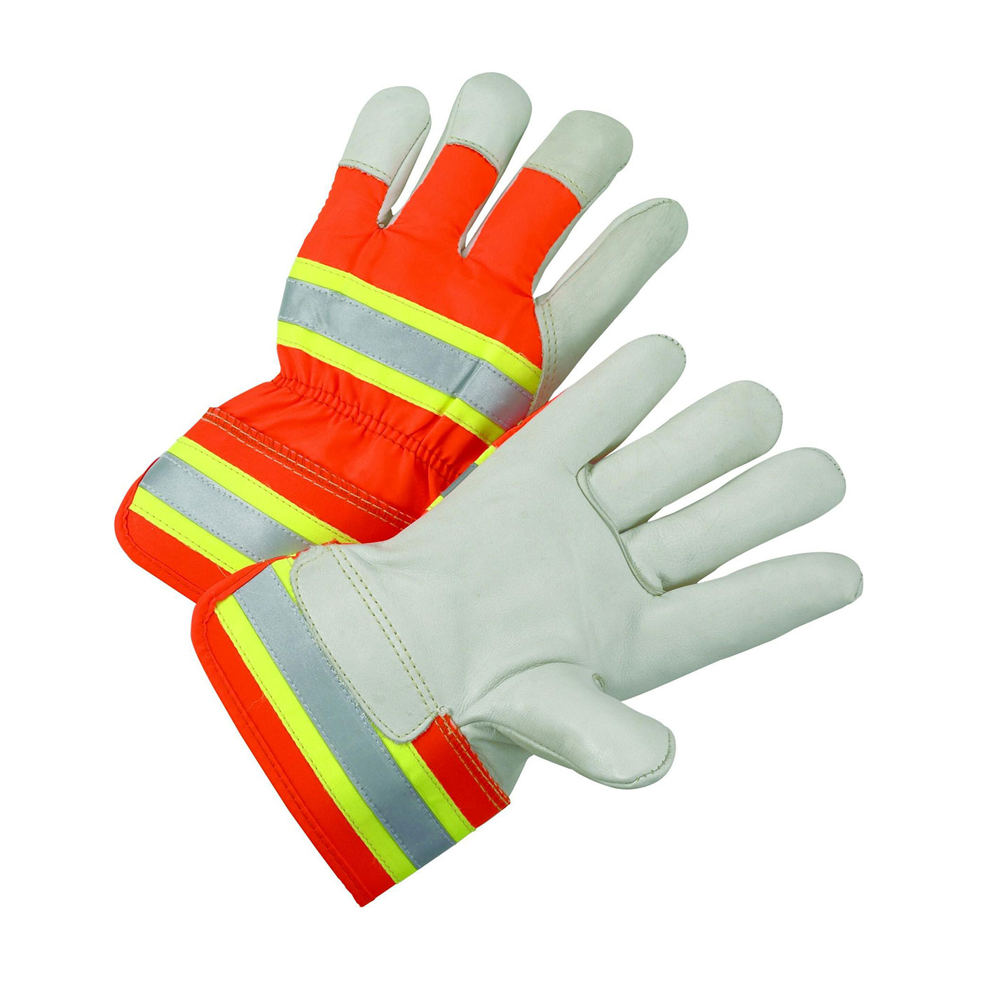 PREMIUM GRADE TOP GRAIN COWHIDE LEATHER PALM GLOVE WITH HI-VIS FABRIC BACK - RUBBERIZED SAFETY CUFF
