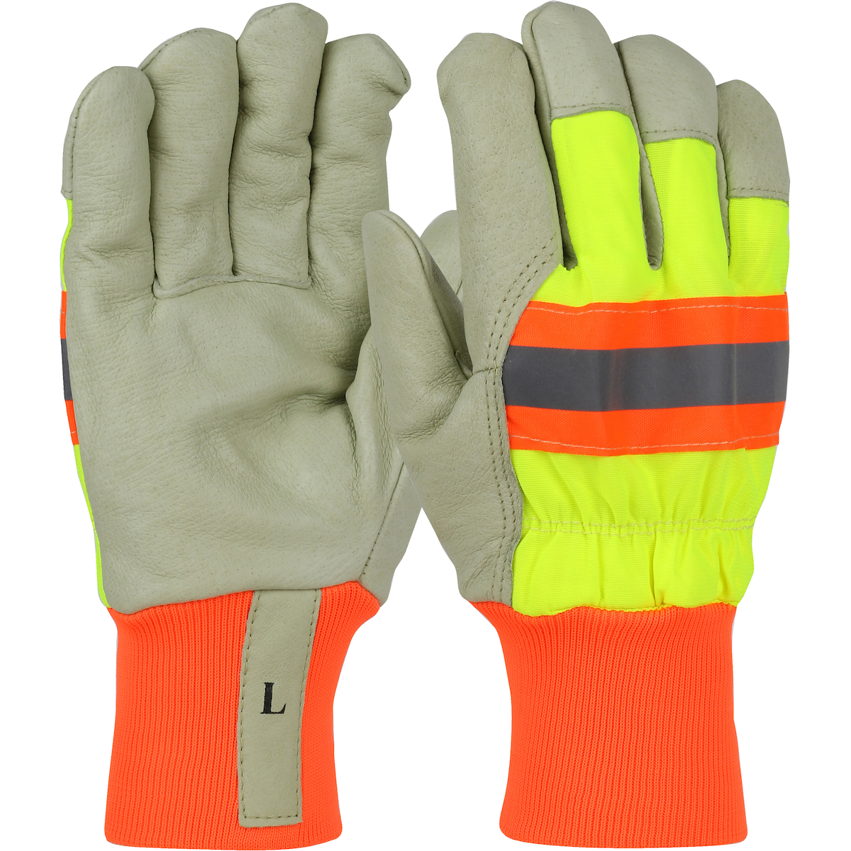 PIGSKIN LEATHER PALM GLOVE WITH   HI-VIS NYLON BACK AND 3M THINSULATE LINING - KNIT WRIST