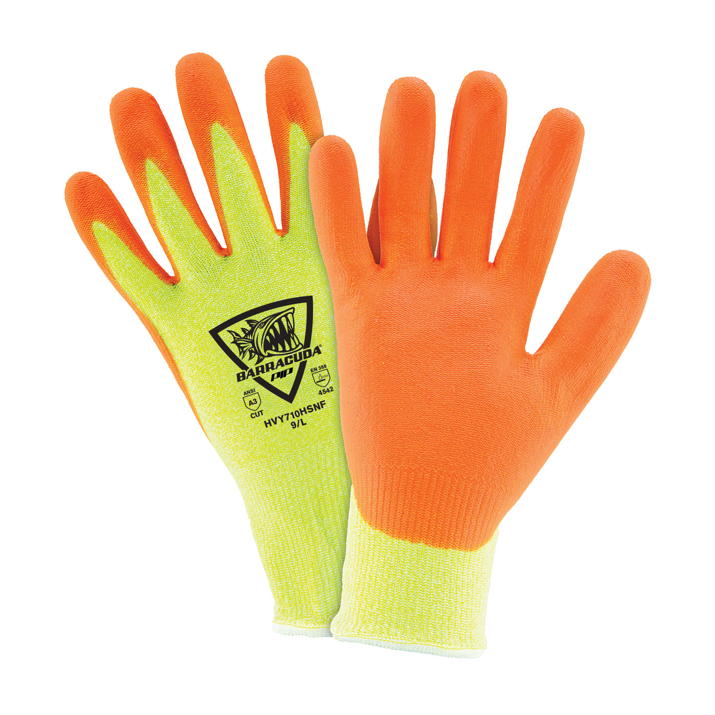HI-VIS SEAMLESS KNIT HPPE BLENDED GLOVE WITH NITRILE COATED FOAM GRIP ON PALM & FINGERS