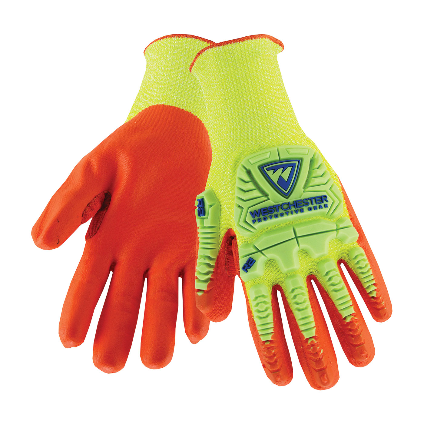 HI-VIS SEAMLESS KNIT HPPE BLENDED GLOVE WITH IMPACT PROTECTION AND NITRILE FOAM GRIP ON PALM & FINGERS