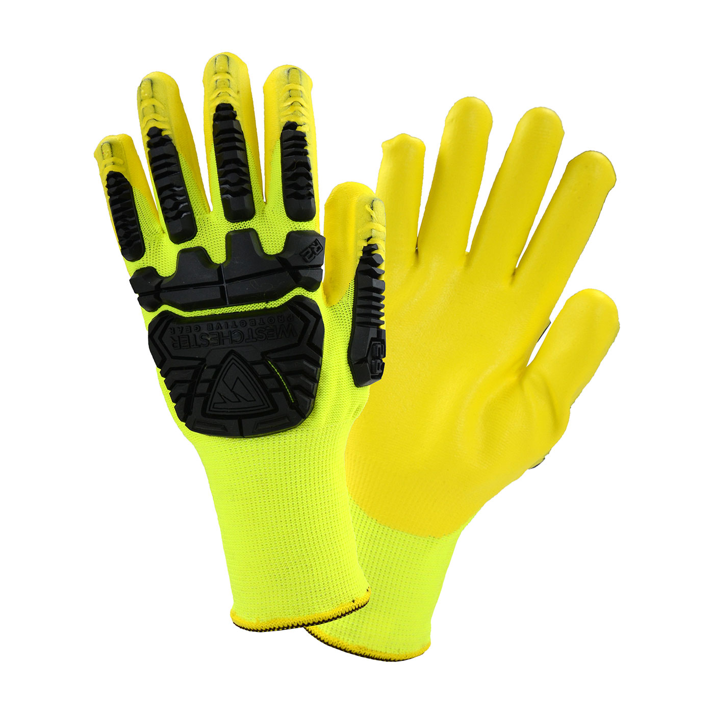 HI-VIS SEAMLESS KNIT POLYESTER GLOVE WITH IMPACT PROTECTION AND NITRILE COATED FOAM GRIP ON PALM & FINGERS