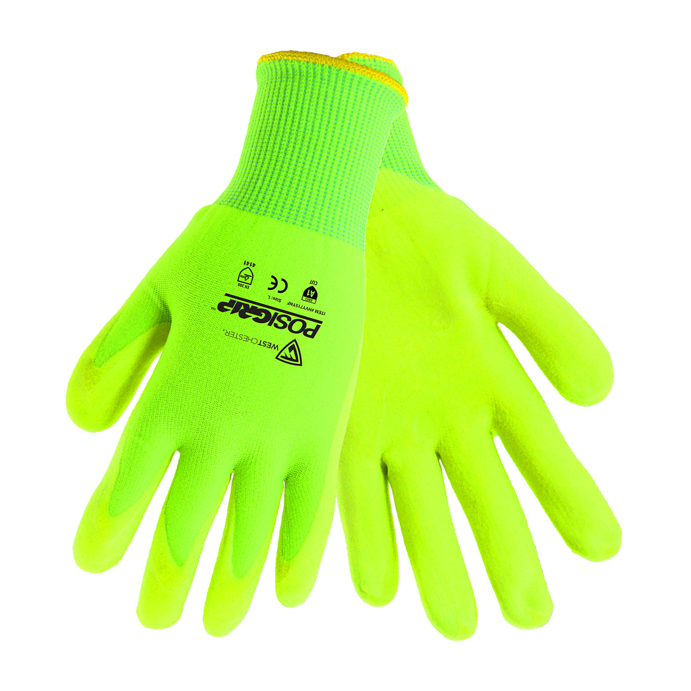 HI-VIS SEAMLESS KNIT NYLON GLOVE WITH NITRILE COATED FOAM GRIP ON PALM & FINGERS