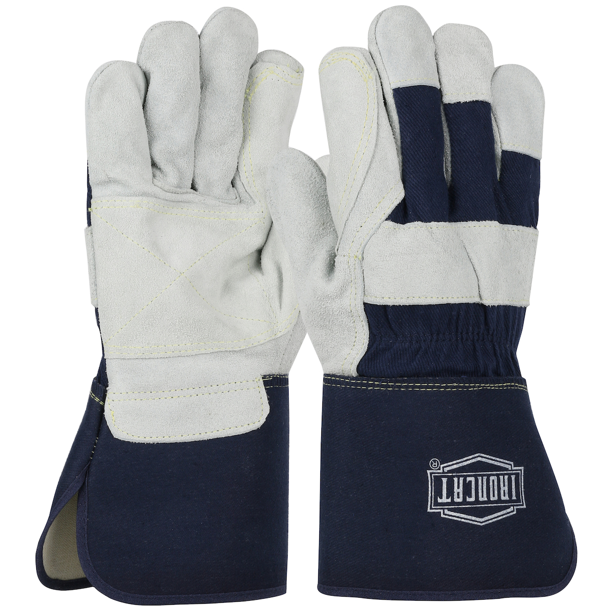 IRONCAT® HEAVY SIDE SPLIT COWHIDE LEATHER DOUBLE PALM GLOVE WITH CANVAS BACK - RUBBERIZED GAUNTLET CUFF