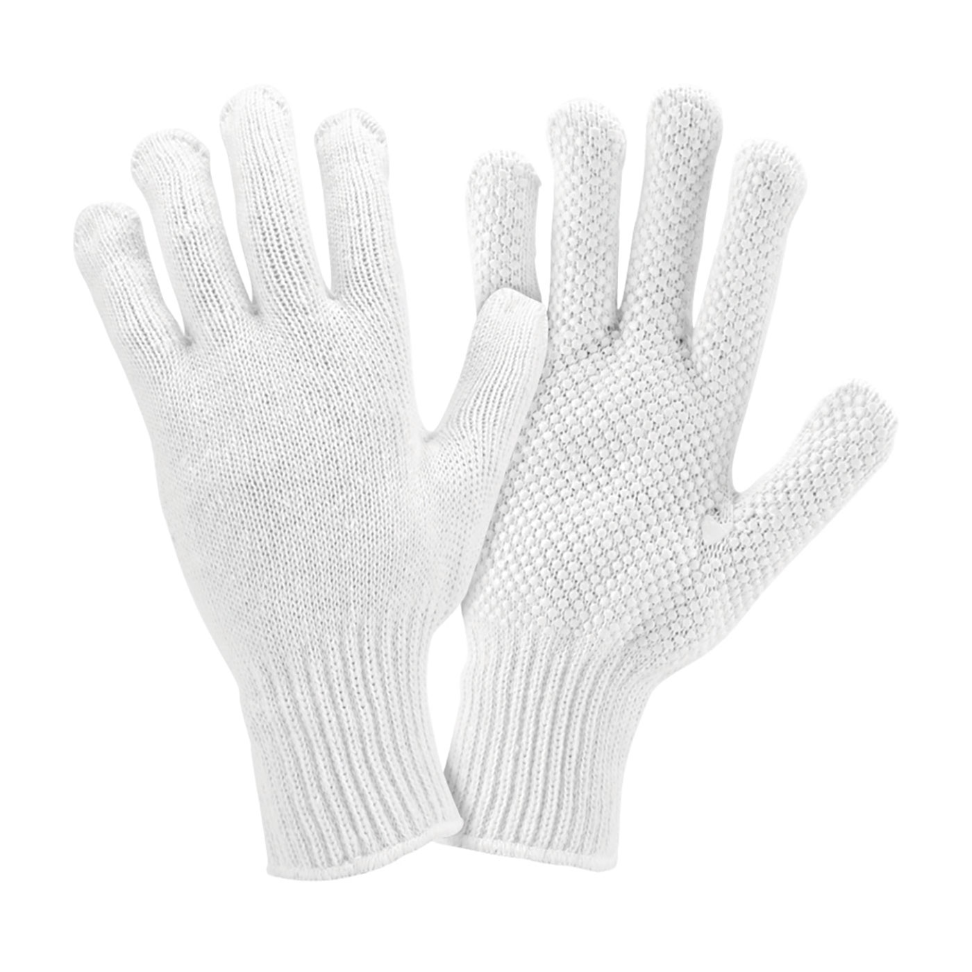 MEDIUM WEIGHT SEAMLESS KNIT COTTON/POLYESTER GLOVE WITH WHITE PVC DOTTED GRIP