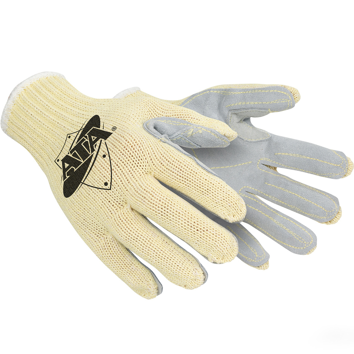 SEAMLESS KNIT ATA/COTTON BLENDED GLOVE WITH SPLIT COWHIDE LEATHER PALM AND KEVLAR STITCHING - KNIT WRIST