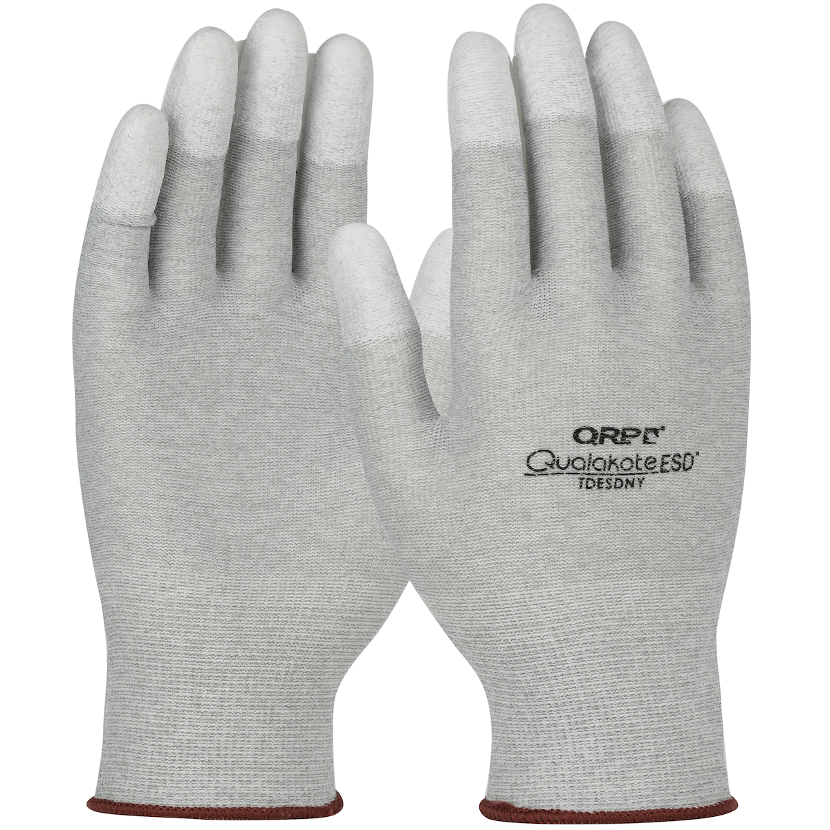 SEAMLESS KNIT NYLON/CARBON FIBER ELECTROSTATIC DISSIPATIVE (ESD) GLOVE WITH POLYURETHANE COATED GRIP ON FINGERTIPS